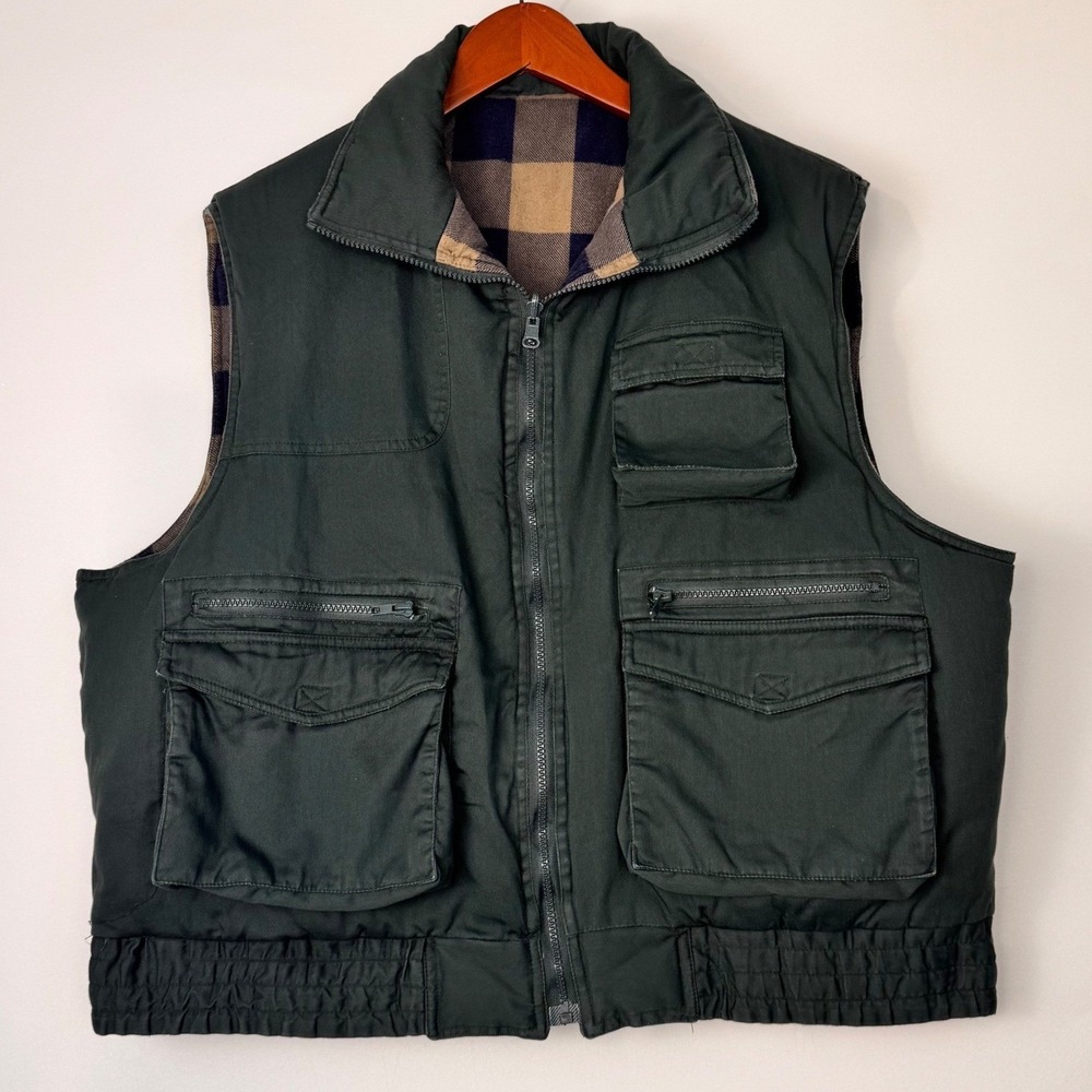 Woodland Reversible‎ Vest Men XL Green Plaid Cotton Utility Gorpcore Puffer